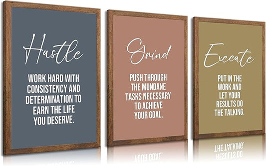 3pcs Inspirational Quotes Canvas Wall Art Hustle Execute Success Quotes Posters Prints Uplifting Motivational Positive Office Wall Decor Pictures for Living Room Bedroom Man Cave Decorations unframed