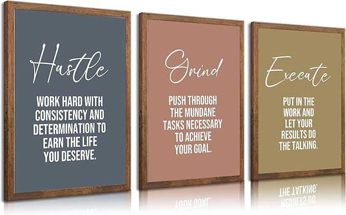 3pcs Inspirational Quotes Canvas Wall Art Hustle Execute Success Quotes Posters Prints Uplifting Motivational Positive Office Wall Decor Pictures for Living Room Bedroom Man Cave Decorations unframed