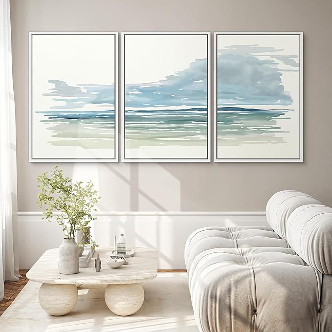 SIGNWIN Framed Canvas Print Wall Art Set Coastal Horizon Watercolor Blue and Green Abstract Ocean Scene Illustrations Modern Art Decorative Abstract for Living Room, Bedroom, Office - 24"x36"x3 White