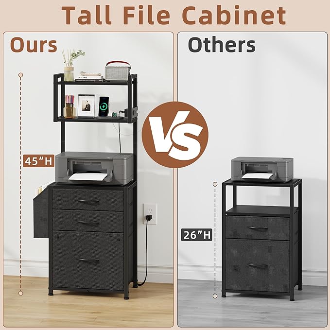 Small 3 Drawer File Cabinet with Charging Station, 45''H, 3-Tier Filing Cabinet for Home Office, 11''*16'' for Small Printer, Fabric Drawer Fits Letter/A4, Tall Printer Stand, Black