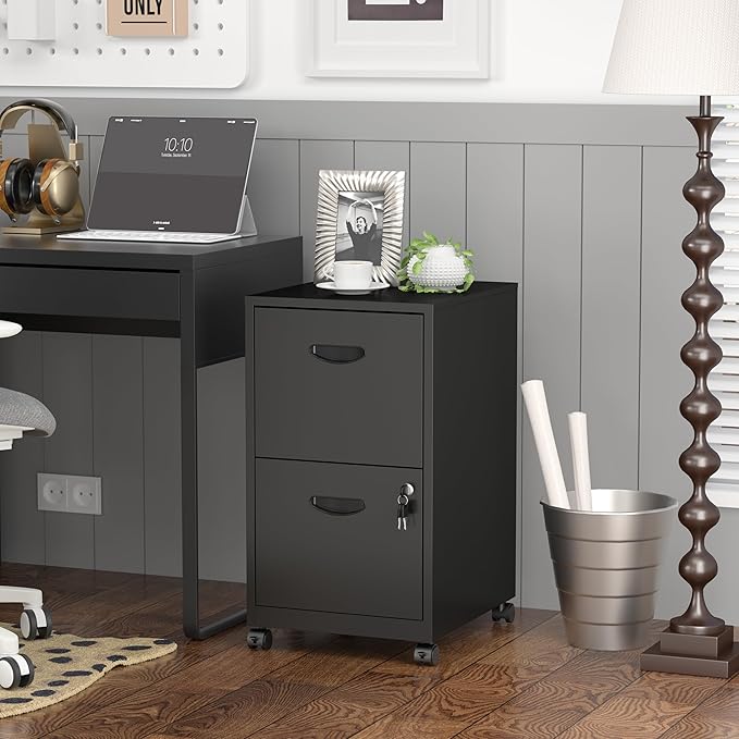 2 Drawer File Cabinet with Lock，Black Rolling File Cabinet for Home Office, Metal Small Mobile Filing Cabinets on Wheels for Hanging Letter