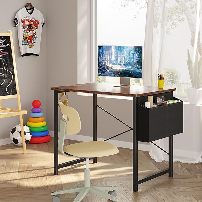 OLIXIS Computer Desk 31 Inch Home Office Desks for Small Spaces, Gaming Writing Study Work Table with Storage Bag and Headphone Hook for Bedroom, Rustic Brown