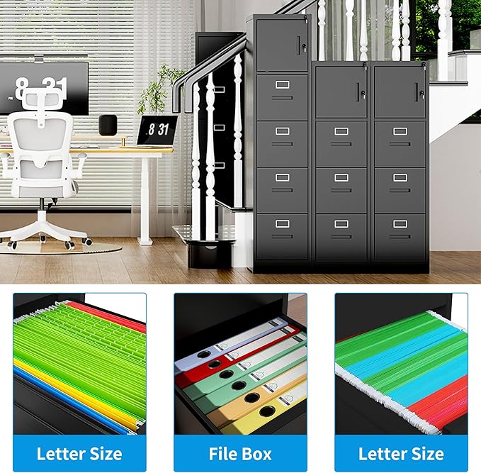 4 Drawer Filing Cabinet with Lock and Card Slot, Vertical Locking File Cabinet with Doors for Home Office, Small Metal File Cabinets for Legal Letter File Folders, Assembly Required