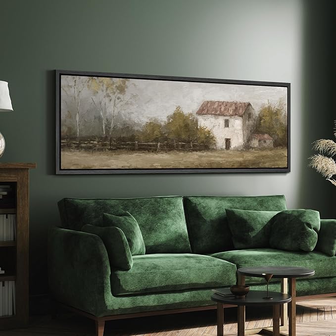 SIGNFORD Large Framed Canvas Rustic Countryside House Landscape Illustrations Modern Art Calm Warm for Living Room, Bedroom, Office - 60"x20"