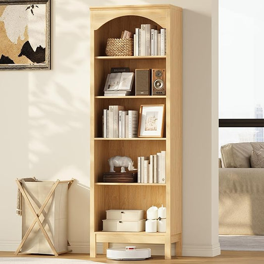 71" H Tall Bookshelf and Bookcase, Farmhouse Book Shelf with 5-Tier Open Shelves, Wooden Bookcase Freestanding Display Bookshelves for Bedroom, Living Room, Natural Wood