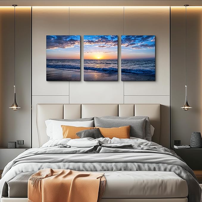 hyidecorart Set of 3 Wall Art Canvas Prints, Beach Sunrise Sunset Pictures Wall Decor Ocean Waves Nature Seascape Poster Coastal Landscape Painting for Living Room, Bedroom, Office Home Decor