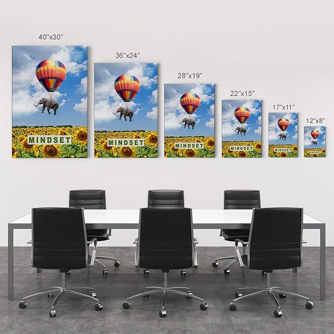 Smile Art Design Mindset Elephant with Balloon Sunflower Field Motivational Wall Art Canvas Print Inspirational Wall Art Entrepreneur Quote Canvas Print Modern Office Decor Gift Ready to Hang 17x11
