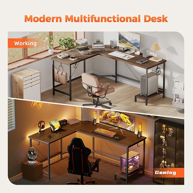Mericonia 59 inch Large L Shaped Desk, Simple Corner Gaming Desk with CPU Stand & Hooks, Computer Desk for Home, Bedroom & Office Workspace, Walnut