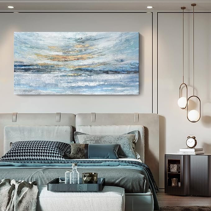 Extra Large Framed Wall Art for Living Room Light Blue Huge Canvas Print Modern Ocean Skyline and Sunset Wall Picture Coastal Themed Seaside Sea Artwork for Home Bedroom Décor 58x29inch Décor