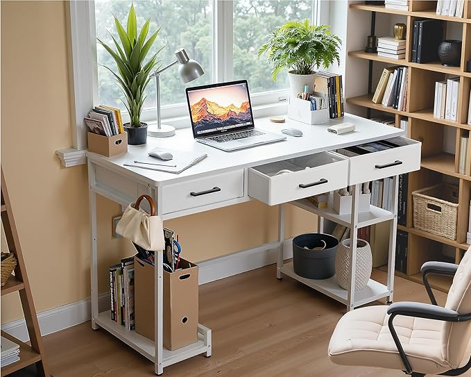 Shahoo Computer Desk with Drawers & Storage Shelves, 48" Modern Writing Table for Home Office, All White