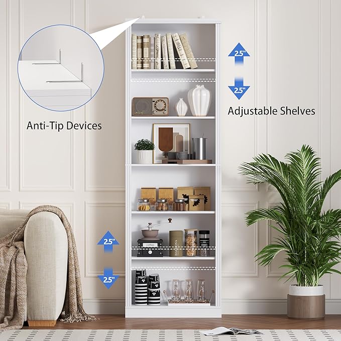 75" Tall Bookshelf, 6-Tier Floor Standing Bookcase with 2 Adjustable Shelves, 24" Wide Open Storage Shelf, Modern Display Organizer for Home Office, Living Room, Bedroom, Study