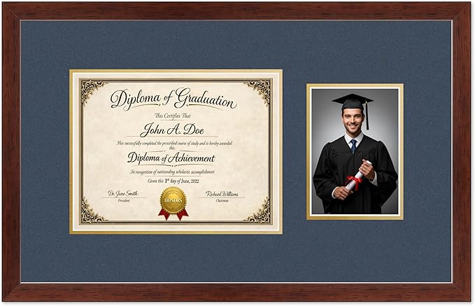 Diploma Frame With Photo Opening Rustic Walnut Navy Blue Over Gold Mat - Fits 11 x 8.5 Degree and Picture Made in the USA
