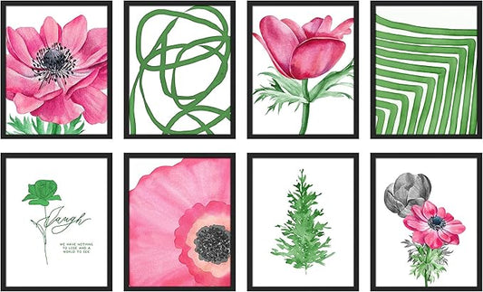 SIGNWIN Framed Poster Bathroom Decor, Wall Art Room Decor Multicolor for Living Room, Bedroom, Office Pink Daisy Jungle Tropical Botanical Palm Leaf Nature Abstract Shapes - 12"x16"x 8 Black