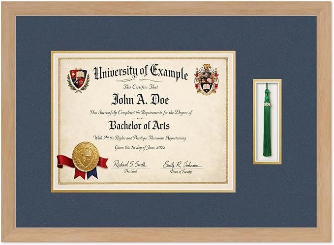 CountryArtHouse Diploma and Tassel Frame Fits 13 x 10 College Diploma (Traditional) with Ta Natural Wood Genuine Hardwood Shadowbox with Navy Blue Over Metallic Gold Double mat