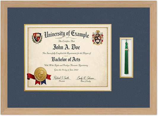 CountryArtHouse Diploma and Tassel Frame Fits 13 x 10 College Diploma (Traditional) with Ta Natural Wood Genuine Hardwood Shadowbox with Navy Blue Over Metallic Gold Double mat
