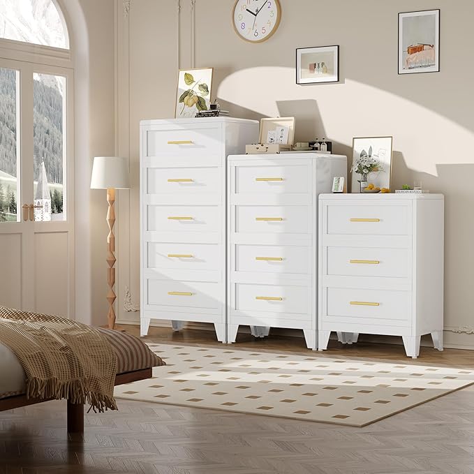 35.43" Tall Dresser for Bedroom 3 Drawers, Metal Dresser Chest of Drawers, Circular Drawer Cabinet for Home,Filing Cabinet with Drawers for Office (White)