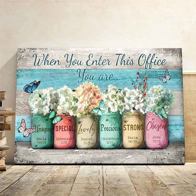 Inspirational Wall Art for Office Canvas Print Wall Decor, When You Enter This Office Painting, Marson Jars With Butterflies Picture Framed Modern Artwork for Office Home Decor 16x24 In