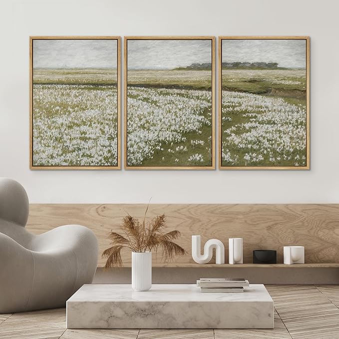 SIGNWIN Framed Canvas Print Wall Art Set White Daisy Flower Country Farm Field Nature Abstract Illustrations Fine Art Decorative Nordic Rustic for Living Room, Bedroom, Office - 24"x36"x3 Natural