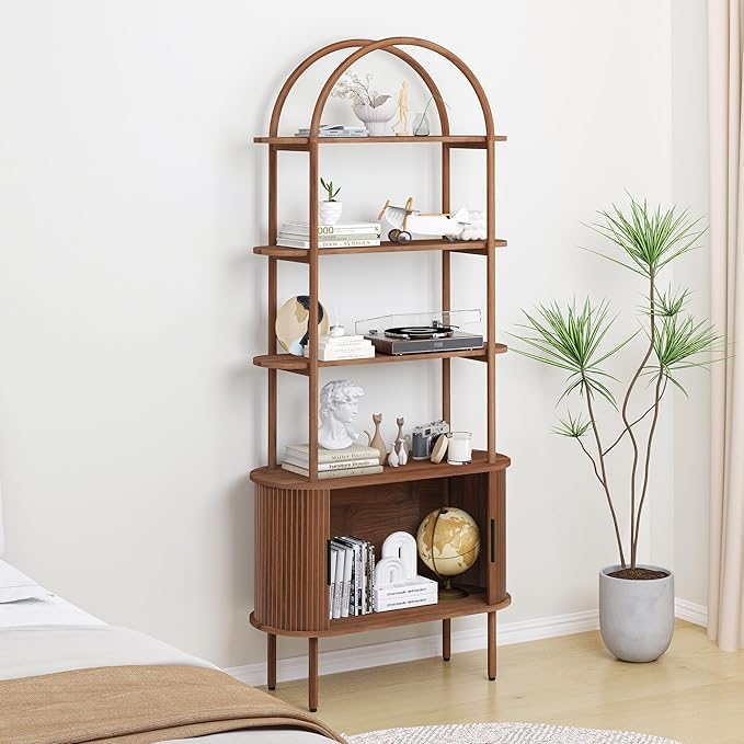 71" Tall Fluted Arched Bookshelf with Sliding Tambour Doors, Mid Century Modern Metal Curved Bookshelf Cabinet with Storage, 4-Tier Open Display Storage Shelf for Home Office, Living Room (Walnut)
