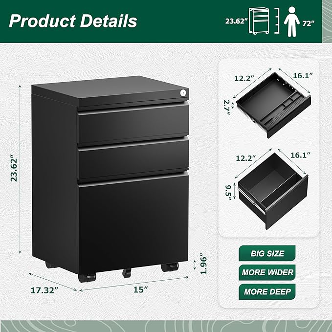 Superday File Cabinet 3 Drawer, Fully Assembled Metal Rolling Vertical Filing Cabinet with Wheels, Small Under Desk File Cabinets for Home Office (Black)