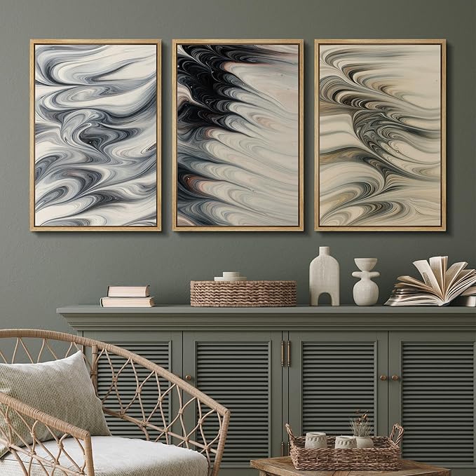 SIGNFORD Framed Wall Art Print Set Neutral Marble Swirl Abstract Elegant Fluid Pattern Digital Art Modern Art Contemporary for Living Room, Bedroom, Office - 16"x24"x3 NATURAL