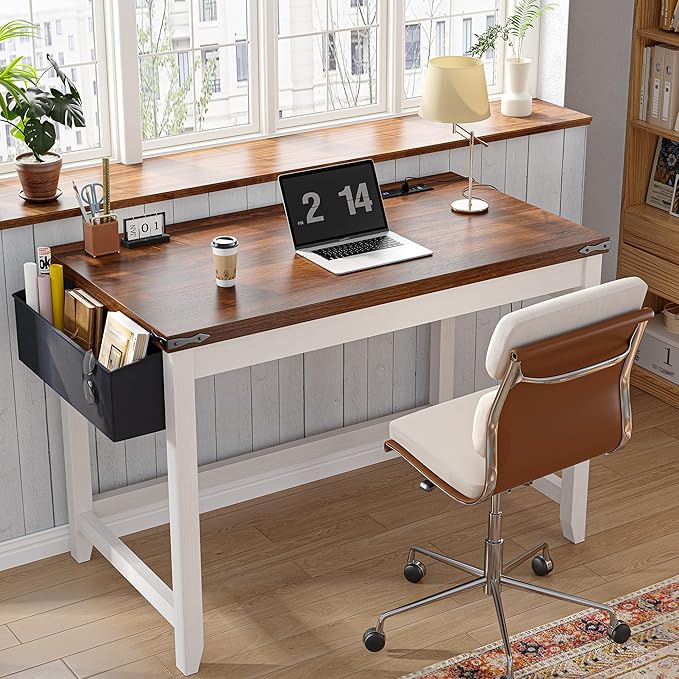 EnHomee 32 Inch Small Desk with Storage Bag Detachable, Gaming Desk with Power Outlet, Modern Simple Home Office Desk and Writing Desk for Small Spaces, Study Desk for Bedroom, Brown & White