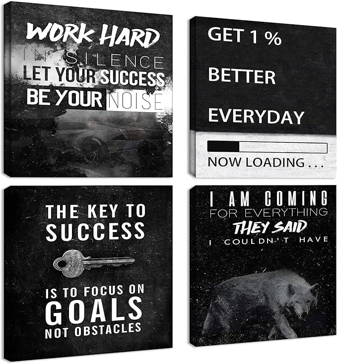 Halioyo Motivational Wall Art Decor, 4 Panel Inspirational Canvas Prints, Positive Quotes Workspace Painting Posters for Living Room Bedroom Home Office Success Wall Art, 16x16-inch