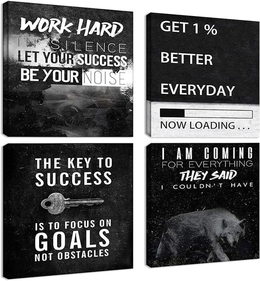Halioyo Motivational Wall Art Decor, 4 Panel Inspirational Canvas Prints, Positive Quotes Workspace Painting Posters for Living Room Bedroom Home Office Success Wall Art, 16x16-inch