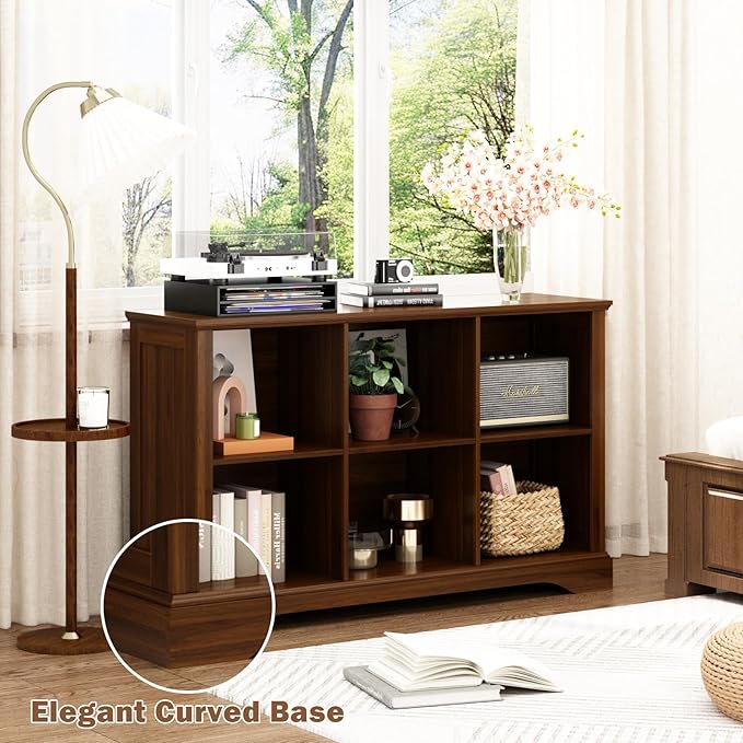 6 Cube Storage Organizer - 47.4" Farmhouse Wood Low Bookshelf, 3 Tier Horizontal Open Shelf Bookcase Cubby Storage Console Cabinet for Living Room, Entryway, Office, Walnut