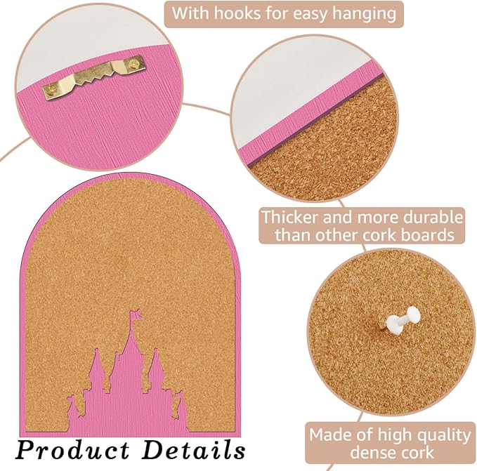 CRASPIRE Pink Castle Pin Cork Board 11.8x9.8In Wall Mounted Framed Bulletin Decorative Corkboard Display Badge Memory Memo Brooch Lapel Pin Holder Storage for Home Office School Classroom Wedding