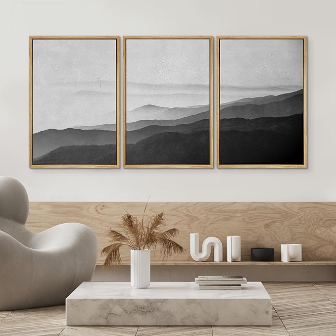 SIGNWIN Framed Canvas Print Wall Art Side of Mountain in Mist Nature Rocky Illustrations Minimalism Contemporary Black and White for Living Room, Bedroom, Office - 24"x36"x3 Natural