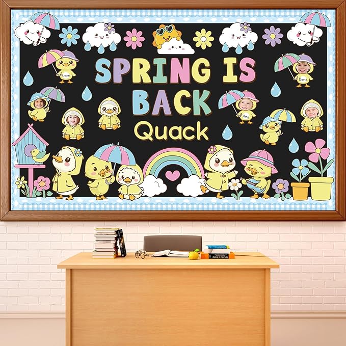 Spring is Back Bulletin Board Set Quack Duck Classroom Decoration Spring Bulletin Board Ducks Rainbow Cloud Photo Craft Cutouts for School Classroom Back to School Door Chalkboard Wall Decor