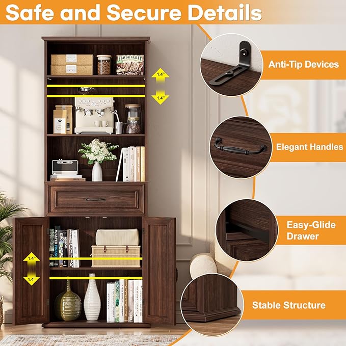 Cyclysio 80" Tall Bookcase, Farmhouse Bookshelves with Drawer and Doors, Floor Standing 6 Shelf Display Storage Cabinet for Home Office, Living Room (1, Black Walnut)