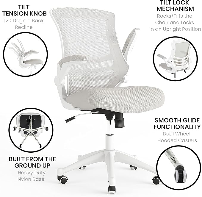 Flash Furniture Kelista Mid-Back Swivel Office Chair with Adjustable Lumbar Support and Seat Height, Ergonomic Mesh Desk Chair with Flip-Up Armrests, Gray/White