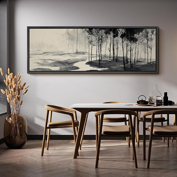 SIGNFORD Large Framed Canvas Print Wall Art Minimalist Ink Forest Landscape Illustrations Modern Art Calm Warm for Living Room, Bedroom, Office - 60"x20"