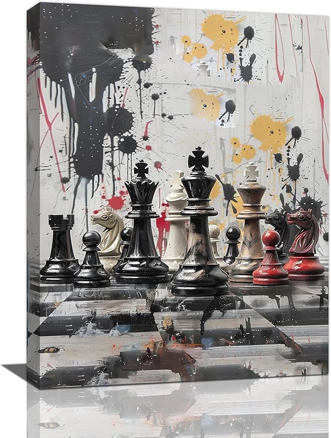 Chess Wall Art Intelligence Game Room Pictures Wall Decor Graffiti Chess Challenge Canvas Painting Print Home Modern Artwork Decorations Framed for Bathroom Living Room Bedroom Office 16 x 20 inch