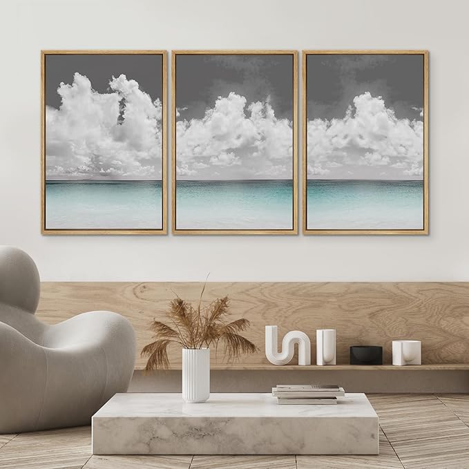 SIGNWIN 3 Piece Framed Canvas Wall Art Clouds Above The Blue Ocean Nature Wilderness Illustrations Abstract Traditional Relax/Calm Home Artwork Decoration for Living Room,Bedroom - 24"x36"x3 Natural
