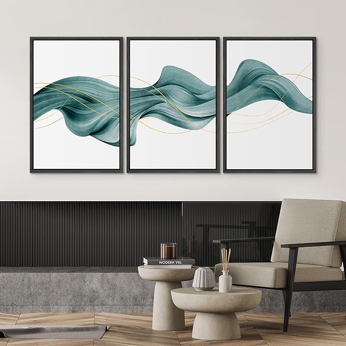 SIGNWIN Framed Canvas Print Wall Art Set Futuristic Teal Geometric Smoke Wave Abstract Shapes Illustrations Modern Art Decorative Nordic Zen Chic for Living Room, Bedroom, Office - 16"x24"x3 Black