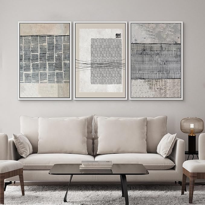 SIGNWIN Framed Canvas Print Wall Art Set Black Tan Industrial Line Art Pattern Abstract Shapes Cozy Neutral Decorative Contemporary Minimal for Living Room, Bedroom, Office - 16"x24"x3 White