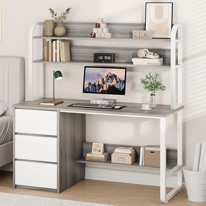 Computer Desk with 3 Drawers, 55 Inch Desk with Hutch for Small Spaces, Study Writing Desk with Shelves for Bedrrom, Adjustable Feet, Grey