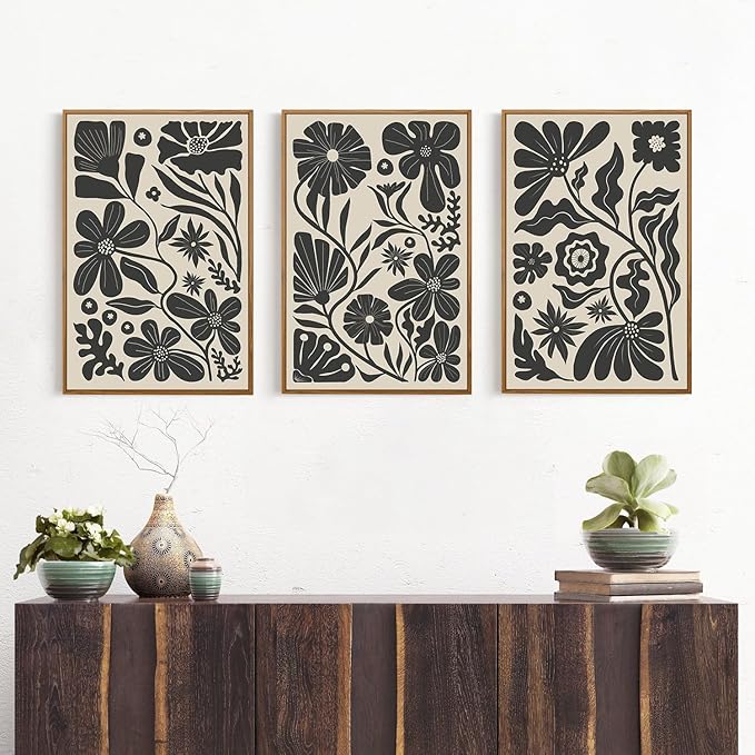 Ausril Black Floral Botanical Framed Canvas Wall Art Set, Abstract Floral Market Wall Decor, Modern Vintage Wall Painting, Boho Minimalist Art Print for Living Room Girl Room Office 16"x24"x3