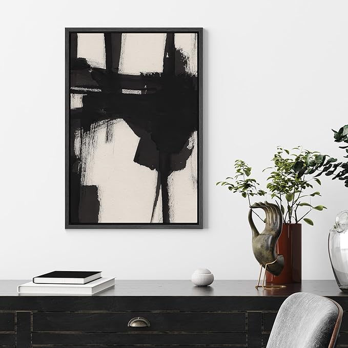 SIGNFORD Framed Canvas Print Wall Art Bold Black and White Abstract Expression Illustrations Digital Art Modern Art Decorative Multicolor Rustic Minimal for Bedroom - 24"x36" BLACK