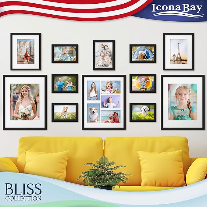 Icona Bay - 11x14 Black Collage Picture Frame with Removable Mat for 5-4x6 Photos - Modern Style Engineered Wood Frame - Wall Mount Only - Bliss Collection