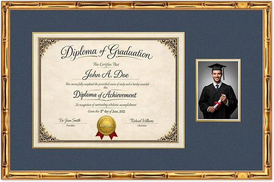 Diploma Frame With Photo Opening Gold Bamboo Navy Blue Over Gold Mat - Fits 17 x 13 Degree and Picture Made in the USA