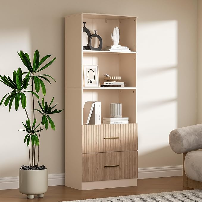 Oak Bookshelf with Drawers, 63" Tall Book Shelf with Storage, 3 Shelf Bookcase with Adjustable Shelf, 3 Tier Modern Book Shelf, Open Shelves Bookcase, Unique Bookshelf Home Office, Oak
