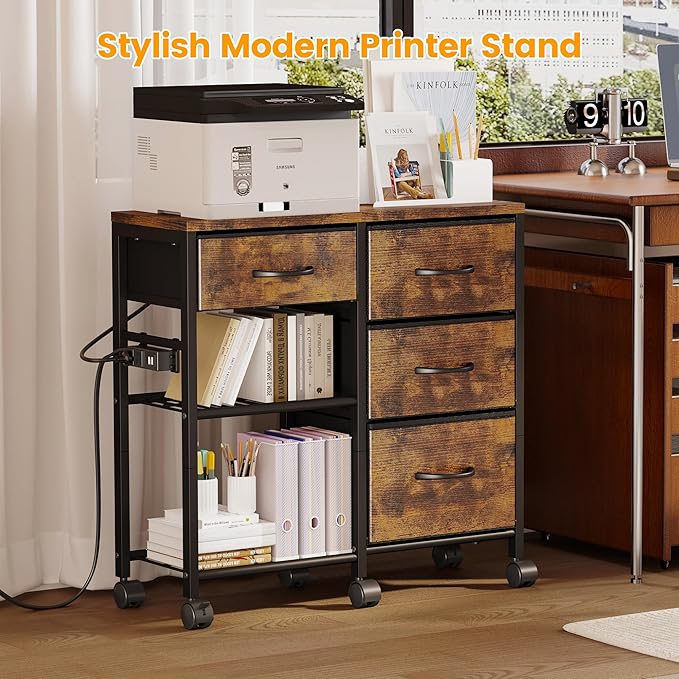 4 Drawer File Cabinet with Charging Station, Rolling Printer Stand Table with Open Storage Shelf, Mobile Fabric Filing Cabinet for Home Office, Rustic Brown