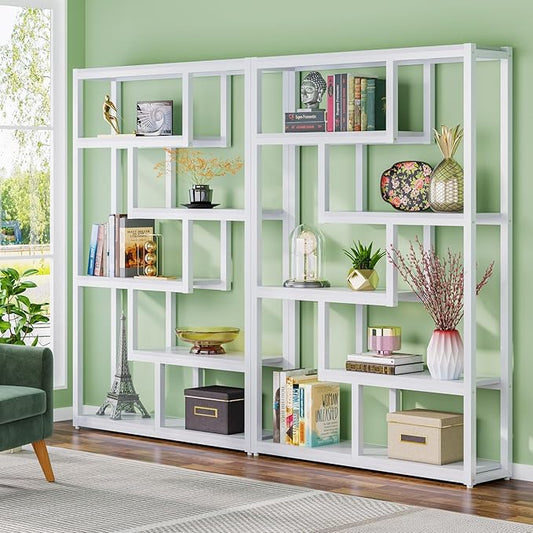 Tribesigns Way to Origin 6-Shelf Industrial Bookshelf Set of 2, Modern Etagere Bookcase, 69 Inch Tall Storage Display Staggered Shelves with Sturdy Metal Frame for Home Office, White