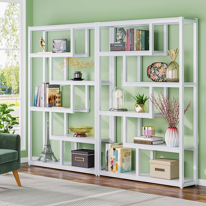 Tribesigns Way to Origin 6-Shelf Industrial Bookshelf, Modern Etagere Bookcase, 69 Inch Tall Storage Display Staggered Shelves with Sturdy Metal Frame for Home Office, White