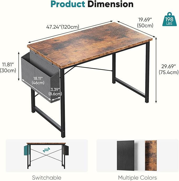 OLIXIS Computer Desk 47 Inch Home Office Desks for Small Spaces, Gaming Writing Study Work Table with Storage Bag for Bedroom, Rustic Brown