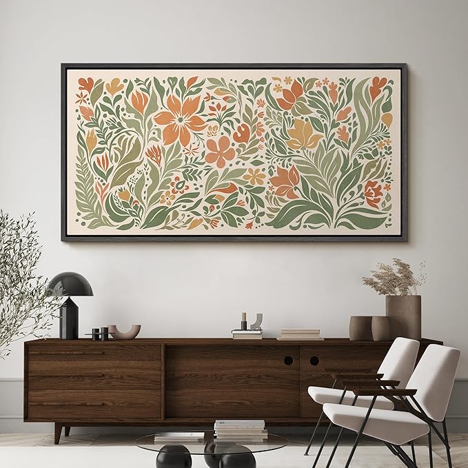 SIGNFORD Extra Large Framed Canvas Folk Floral Garden in Earth Tones Illustrations Modern Art Calm Warm for Living Room, Bedroom, Office - 60"x30"